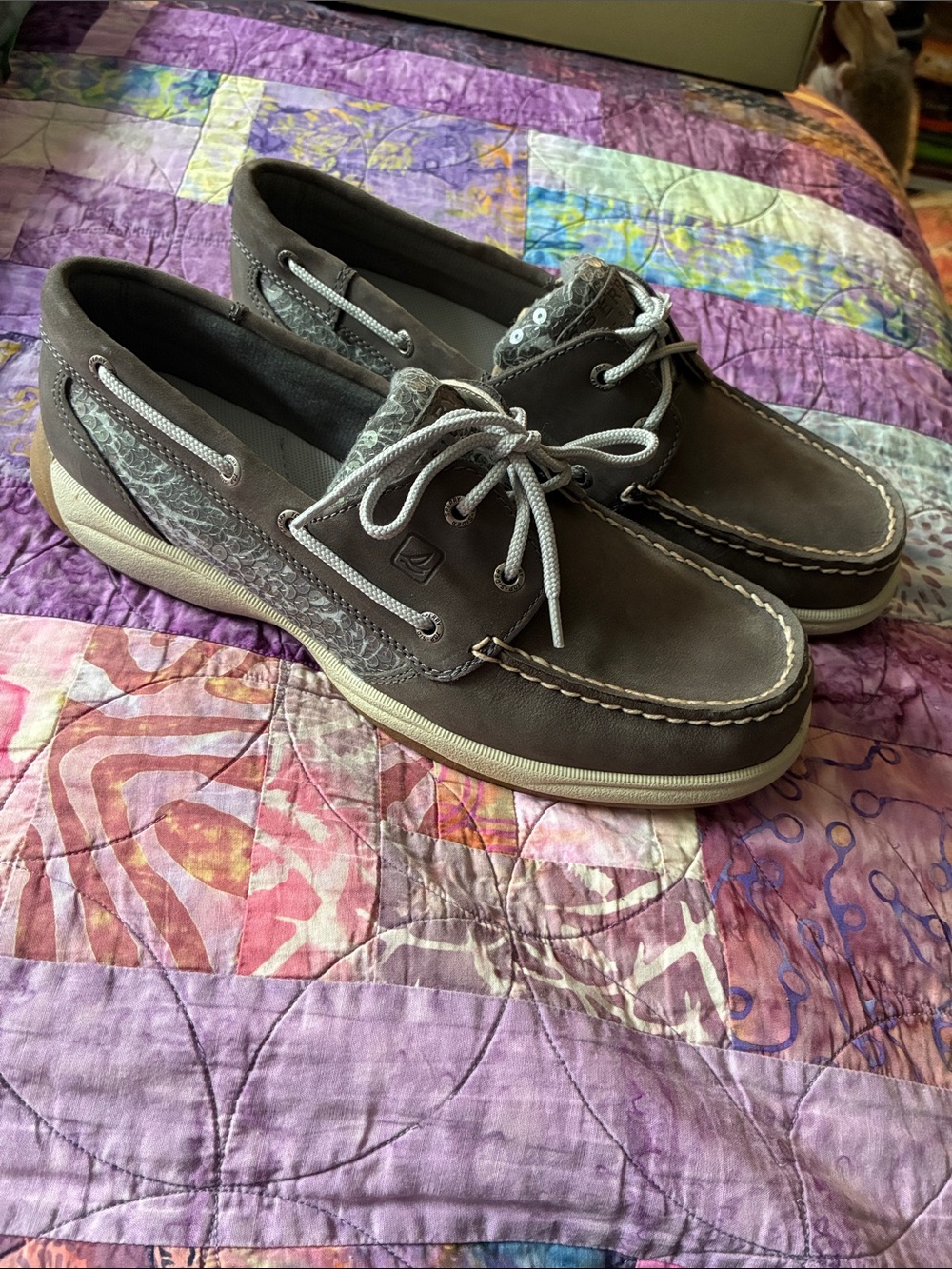 Gray Sperry nubuck sequin boat shoes